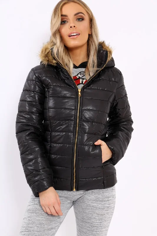 Black Shiny Puffer Coat with Fur Hood - Idy