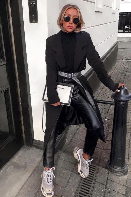 Black Longline Tailored Belted Coat - Joelle