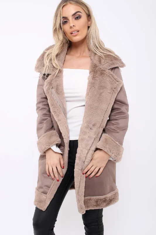 Camel Long Faux Shearling Coat - Chai