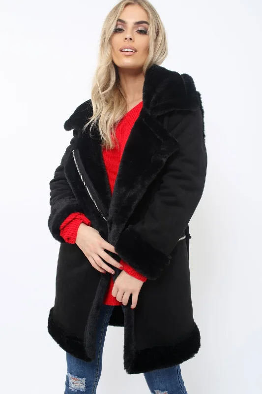 Black Long Faux Shearling Coat - Chai