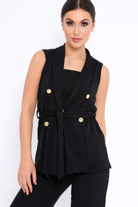 Black Sleeveless Tie Waist Blazer - Tonia