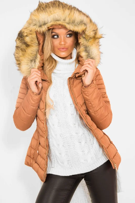 Caramel Faux Fur Hood Gold Detail Puffer Coat - Rylah