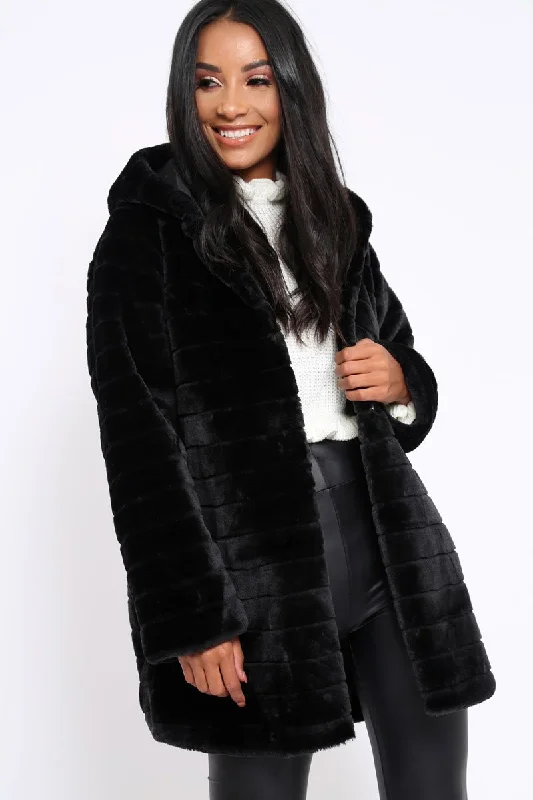 Black Soft Faux Fur Hooded Coat - Kila