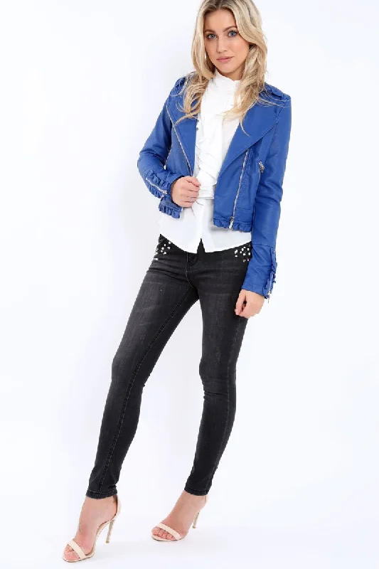 Blue Faux Leather Biker Jacket - Colleen