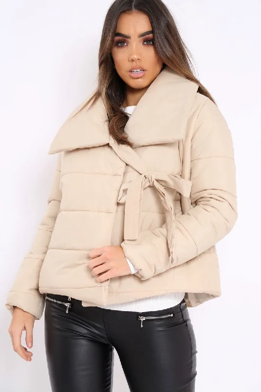 Camel Puffer Jacket with Tie Front - Lolamae