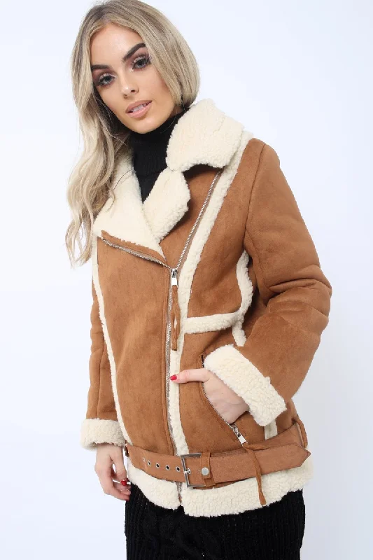 Camel Faux Shearling Coat - Scarlett